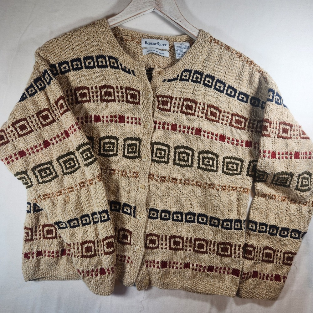 Robert‎ Scott Vintage Hand Knitted Linen Cotton Cardigan Sweater Beige Geometric